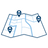Line drawing of a map with pins on it.