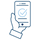 Line drawing of a hand holding a mobile phone with a checkmark.