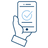 Line drawing of a hand holding a mobile phone with a checkmark.